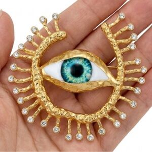 New Gold Evil Eye Statement Brooch Round Protection Pin